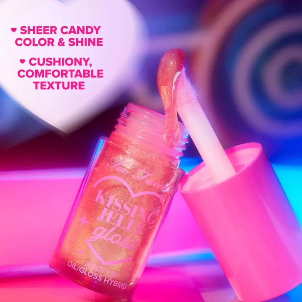 Too Faced Kissing Jelly Lip Oil Gloss in Bubblegum Pink with Gold Glitter